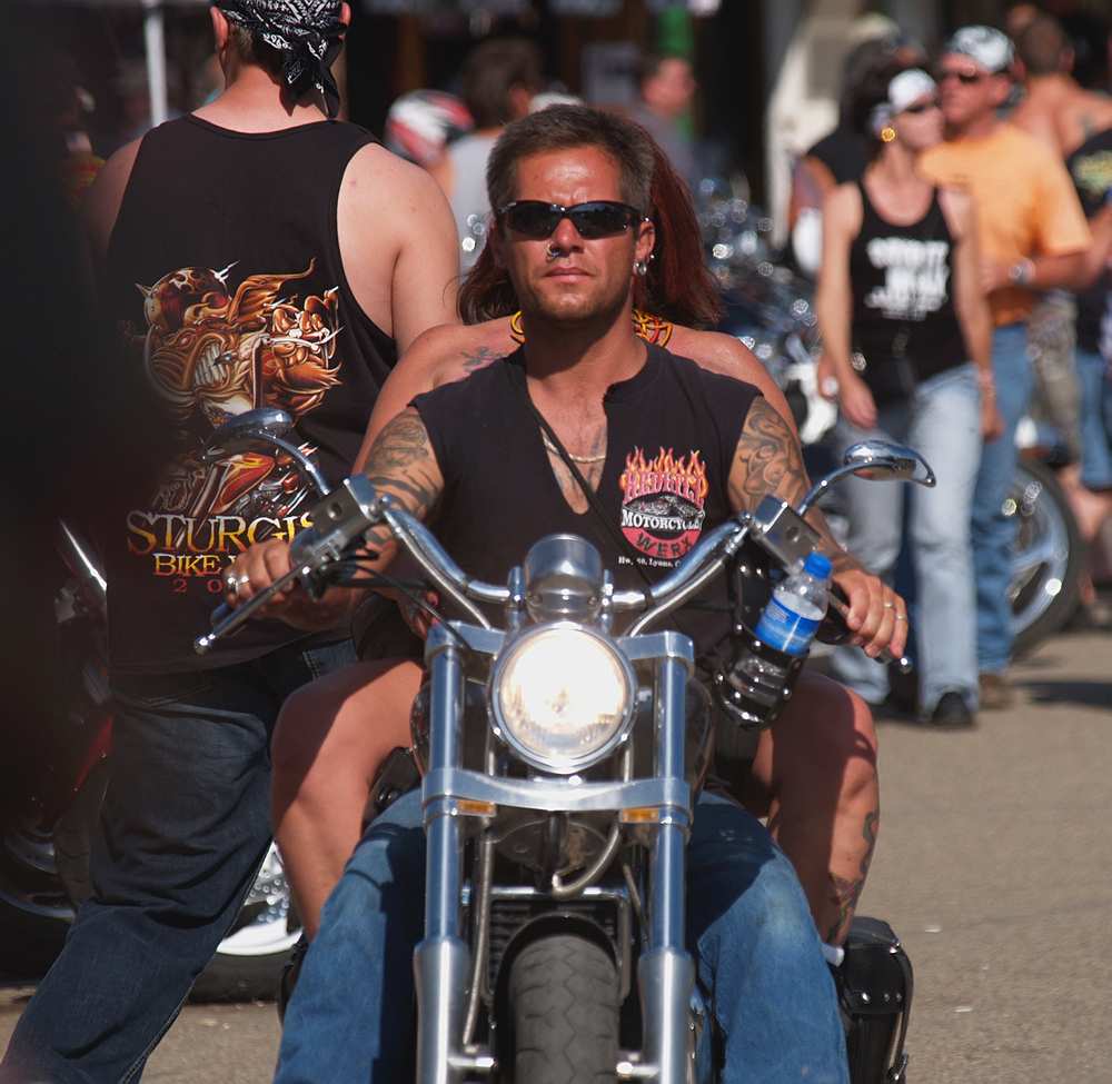 Sturgis Biker with Tattoso Rides In